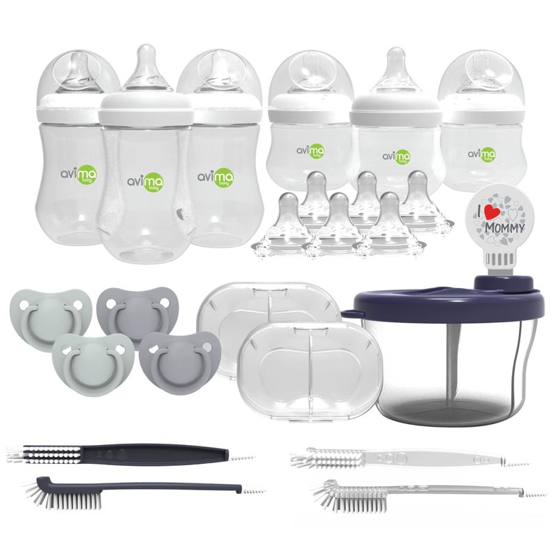 AVIMA Anti Colic Baby Bottle Starter Set - 22 Pieces, Medium & Slow Flow Nipples, Infant Pacifiers, Formula Dispensers & More - Baby Bottle Sets for Newborn 0-6 Months - Image 1